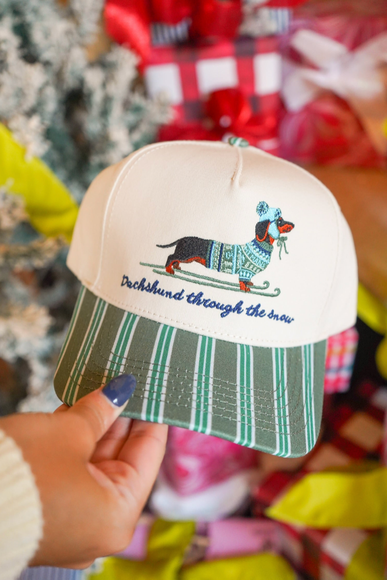 Dachshund Through the Snow - Dark Green Stripe Trucker Hat