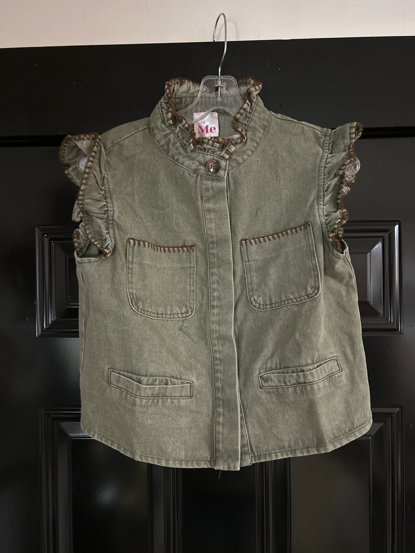 Washed Denim Stitch Detail Ruffled Hidden Button Top