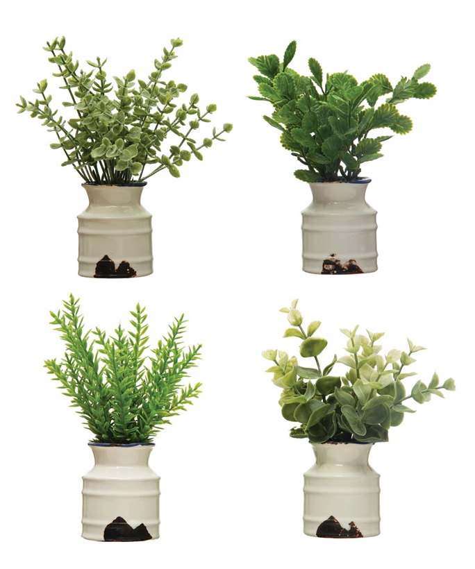 Faux Plant in Stoneware Pot, Distressed White Finish, 4 Styles