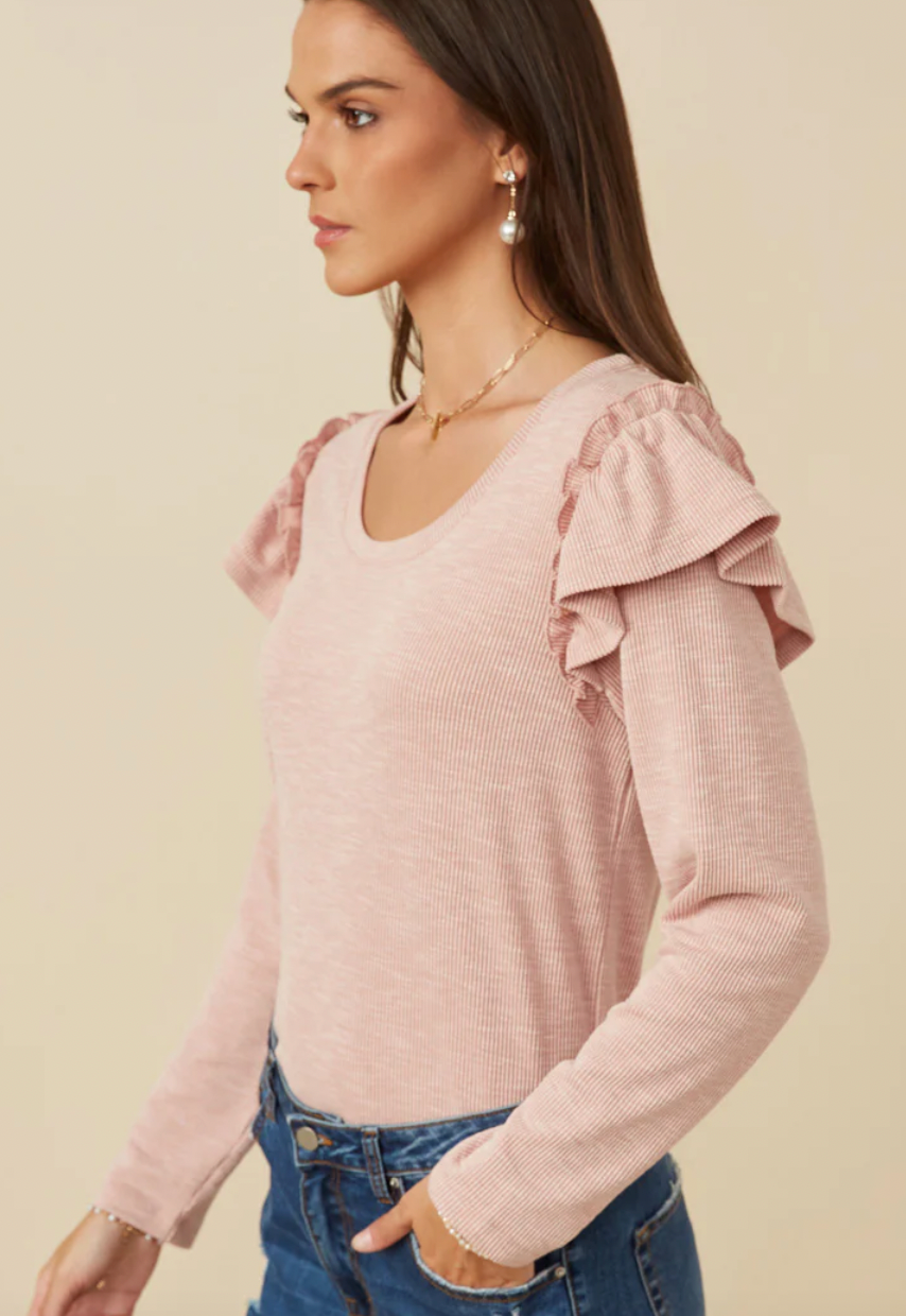 Marled Textured Ruffle Detail Scoop Neck Knit Top