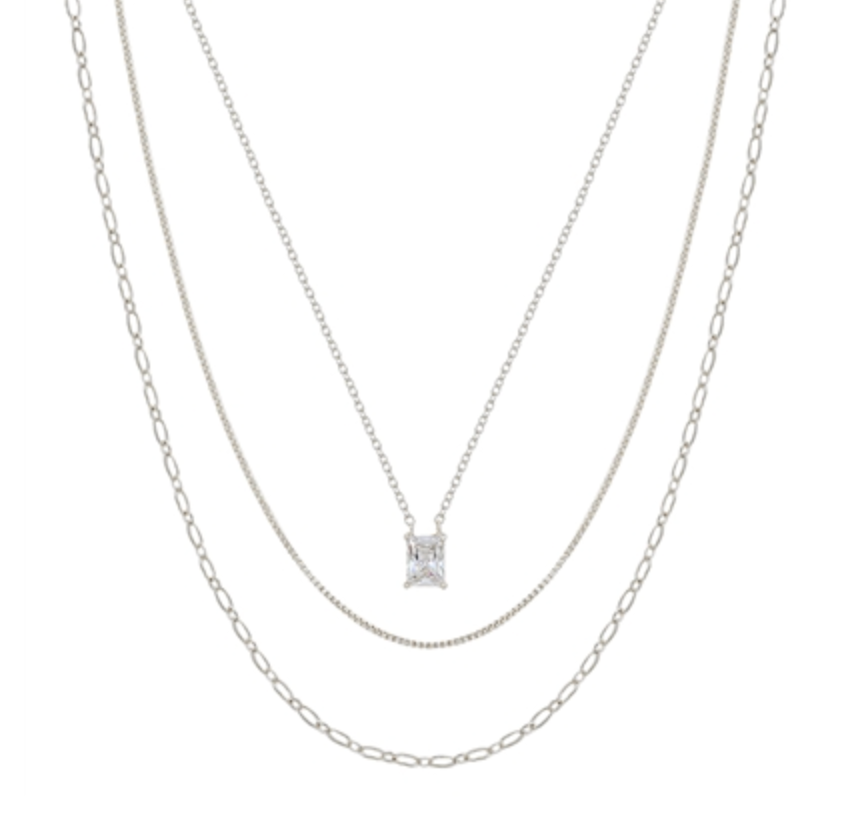 Three Layered Snake Chain with Squared Pendant 16"-18" Necklace