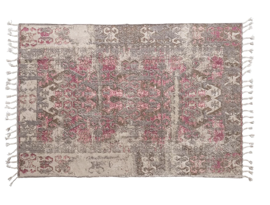 Woven Cotton Distressed Print Rug with Braided Fringe
