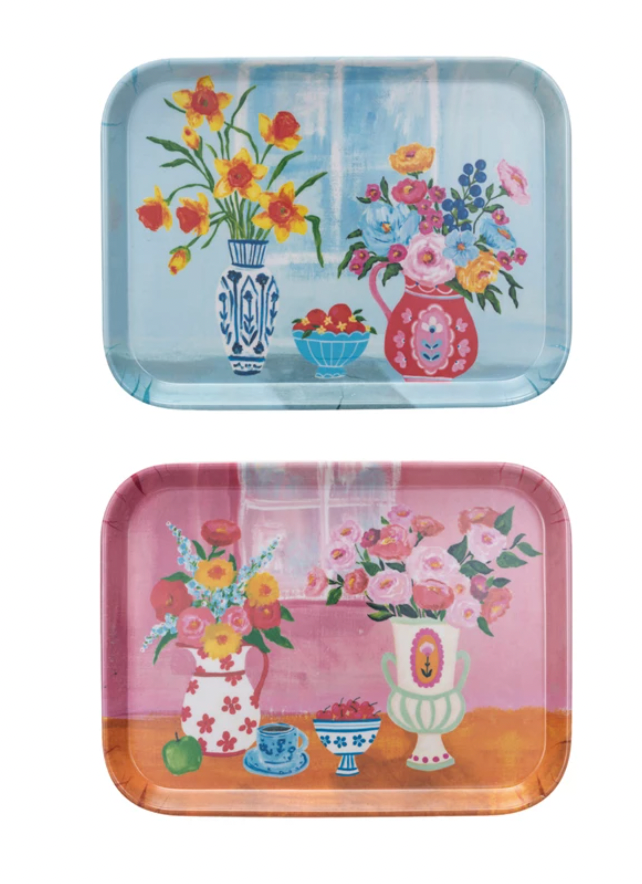 Bamboo Fiber Tray w/ Flowers in Vases, 2 Styles ©
