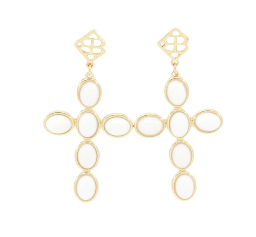 White Cabochon Cross Earrings with White Beads