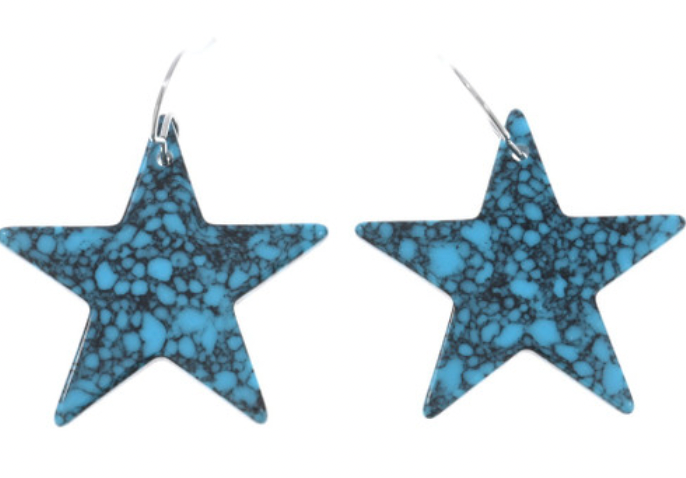 Star Shaped Native American Made Blackweb Gibbsite Turquoise Dangle Earrings 0993