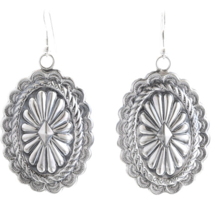 Navajo Silver Concho Dangle Earrings Sterling French Hook Design 0196