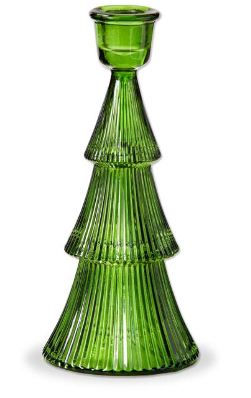 GLASS RIBBED TREE TAPER HOLDER LG GREEN