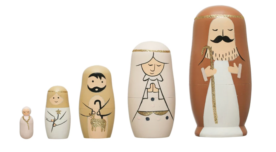 1-1/4"H - 5-1/2"H Hand-Painted Wood Nativity Nesting Dolls, Multi Color, Set of 5