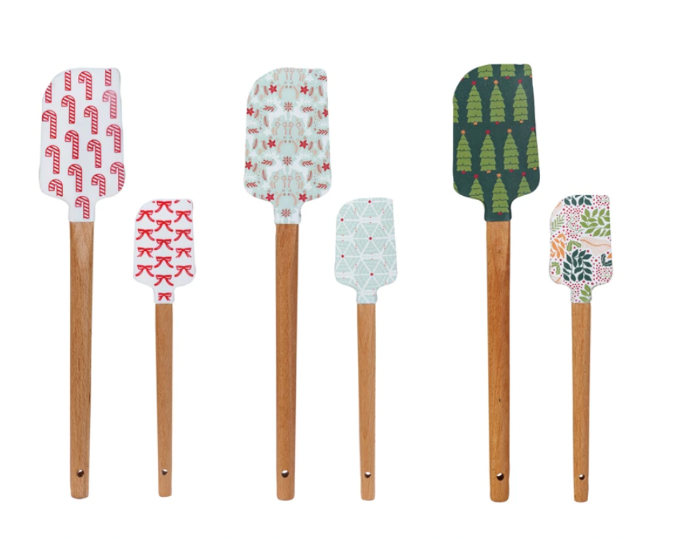 Silicone & Wood Spatulas w/ Holiday Pattern, 6 Styles, Set of 2 Sizes