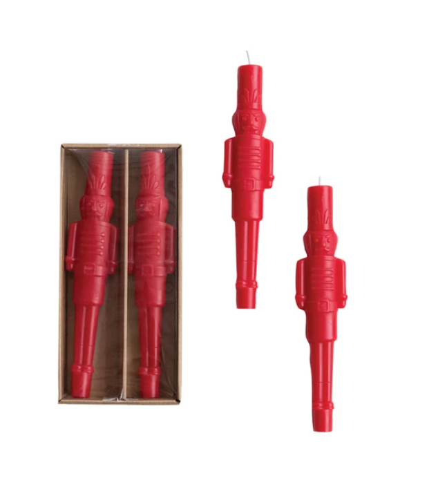 Unscented Nutcracker Shaped Taper Candles in Box, Red, Set of 2