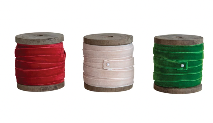 10 Yard Velvet Ribbon on Wood Spool, 3 Colors