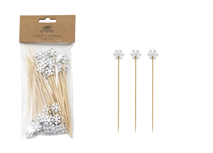 Bamboo Single Use Skewers with Snowflake Shaped Handles, Set of 50