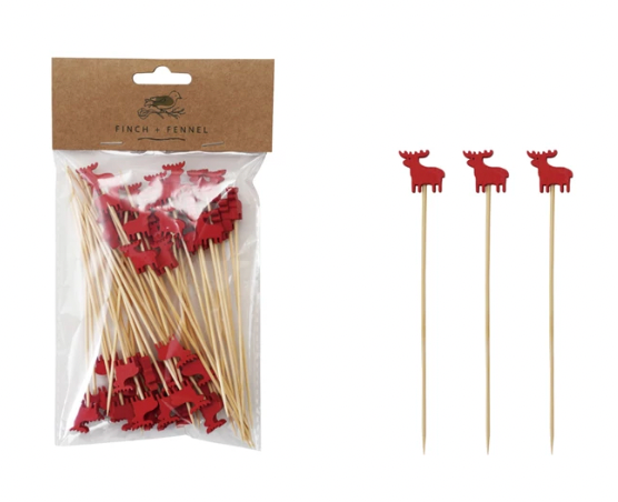 Bamboo Single Use Skewers with Moose Shaped Handles, Set of 50