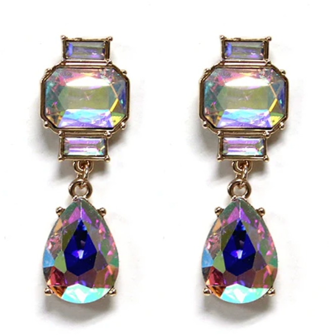 Gold with AB Crystal Geometric Stone Drop 2" Earring
