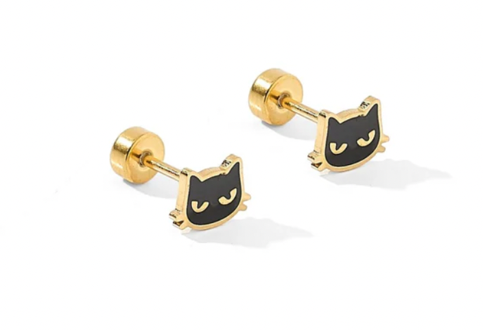 Screwback Stud Earrings - Black Cat