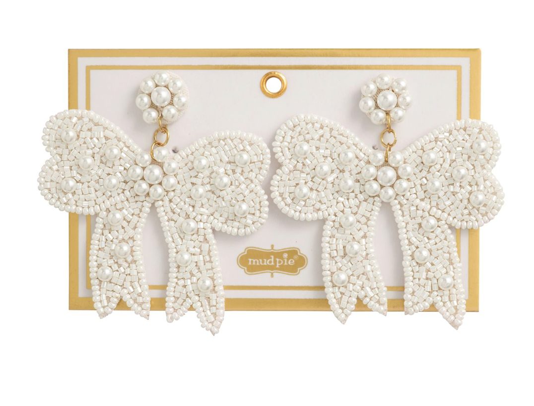 White Bow Beaded Earrings