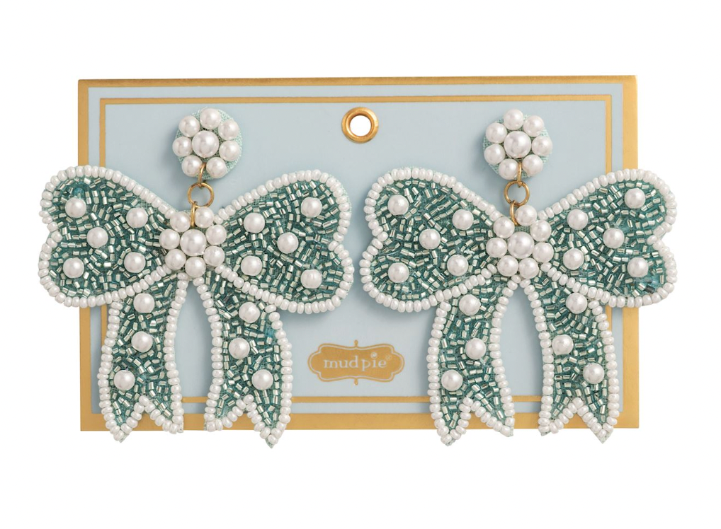 Blue Bow Beaded Earrings