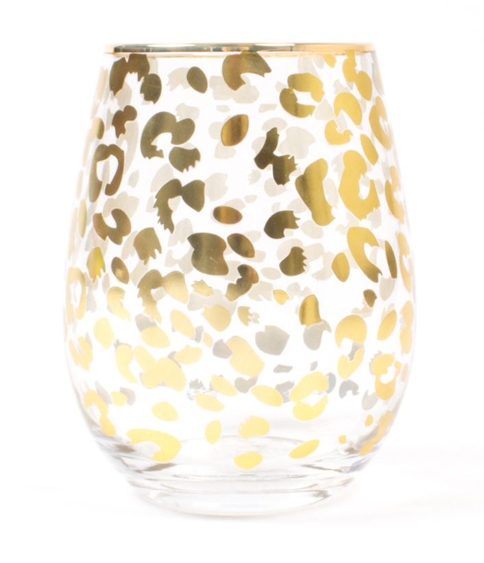 Gold Leopard Stemless Wine Glass