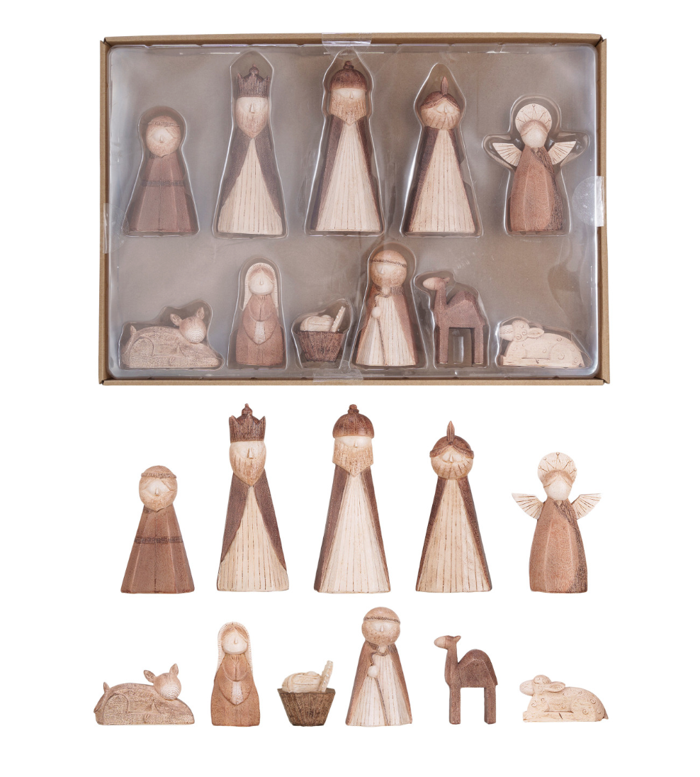 Resin Nativity, Wood Finish, Boxed Set of 11