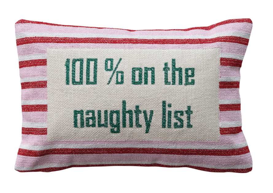Cotton Embroidered Lumbar Pillow with Polka Dot Pattern "100% On The Naughty List"