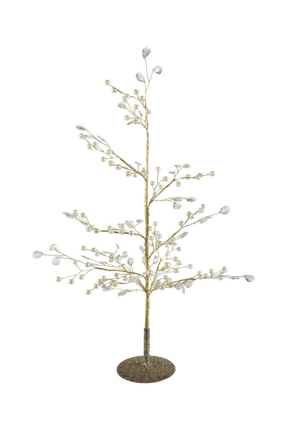 Faux Pearl, Acrylic Jewel & Metal Wire Tree with Glitter Base, Gold Finish
