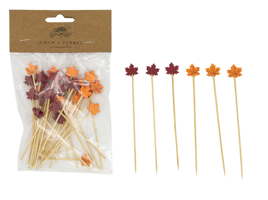Bamboo Single Use Picks w/ Leaf Shaped Handles, Natural, Red & Orange Color, Set of 50