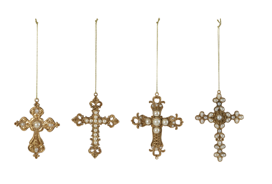 Pewter Cross Ornament with Faux Pearls, Gold Finish, 4 Styles