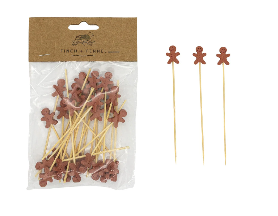 Bamboo Single Use Picks w/ Gingerbread Man Shaped Handles, Natural & Brown, Set of 50