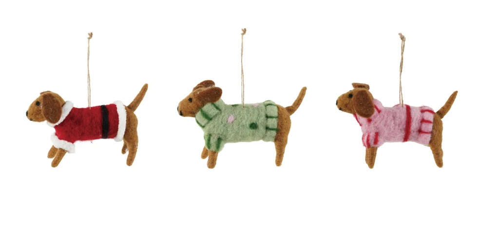 Wool Felt Dachshund in Sweater Ornament, 3 Styles