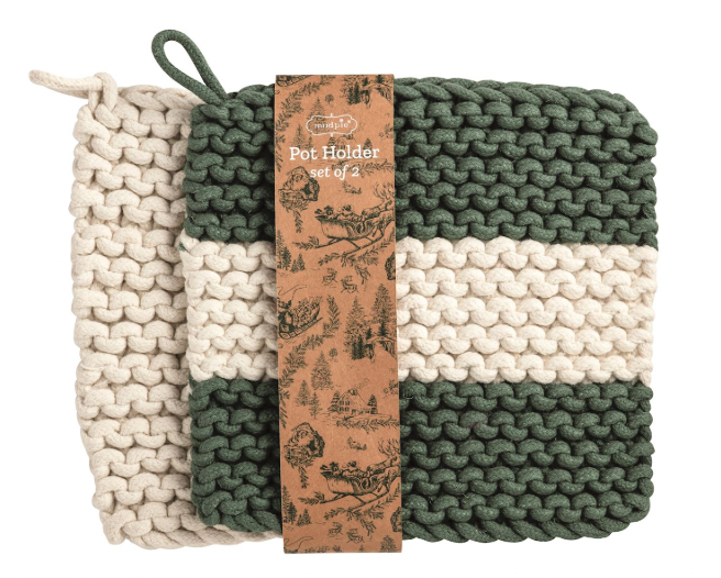 White Middle White & Green Stripe Pot Holder Set