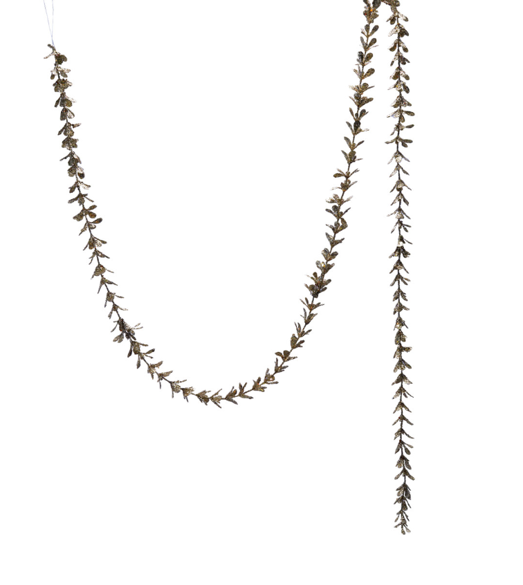72"L x 1"H Faux Boxwood Garland with Glitter, Champagne Finish
