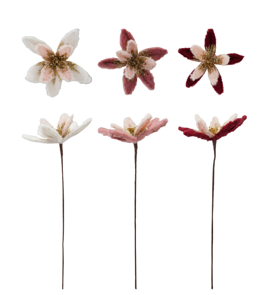 Faux Fur Poinsettia Stem with Glitter & Beads, 3 Colors