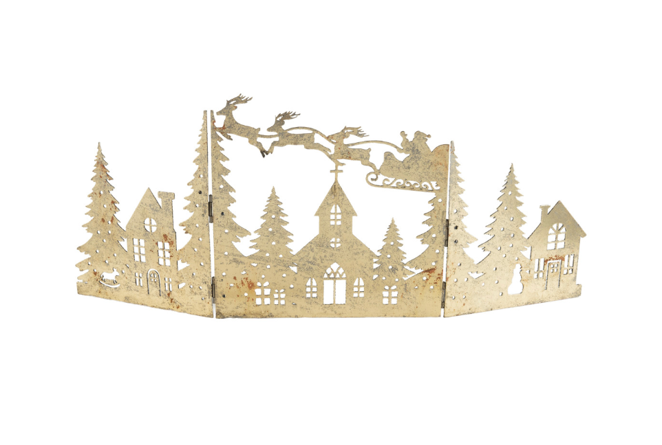 Metal Folding Mantle Scene with Santa, Sleigh & Village, Distressed Gold Finish