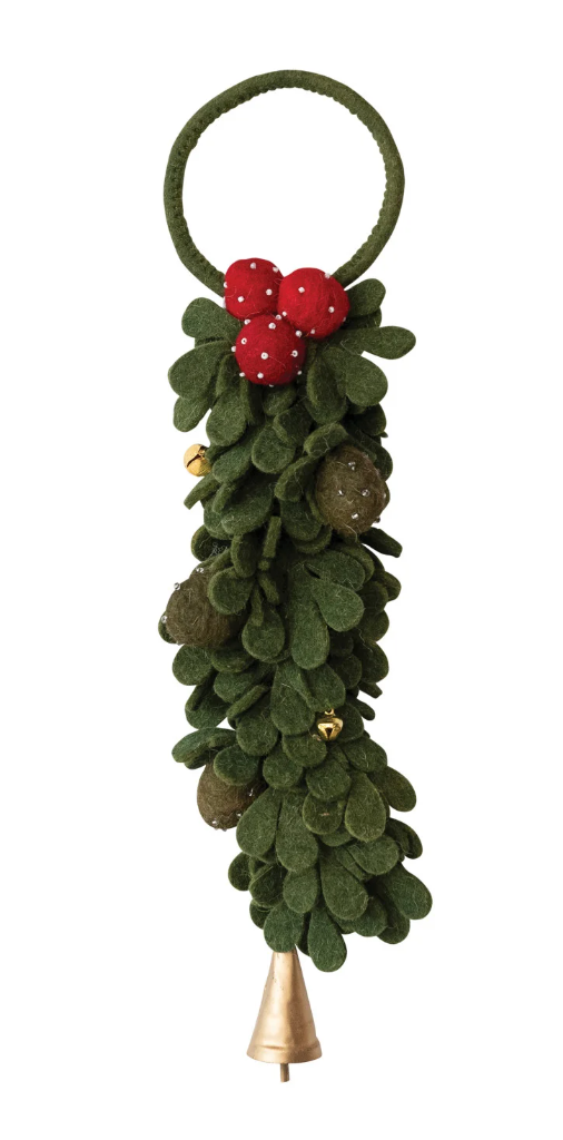 Handmade Wool Felt Leaves Door Hanger with Berries, Jingle Bells & Beads, Green, Red