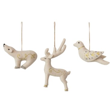 Handmade Wool Felt Animal Ornament with Embroidery, Sequins & Beads, 3 Styles