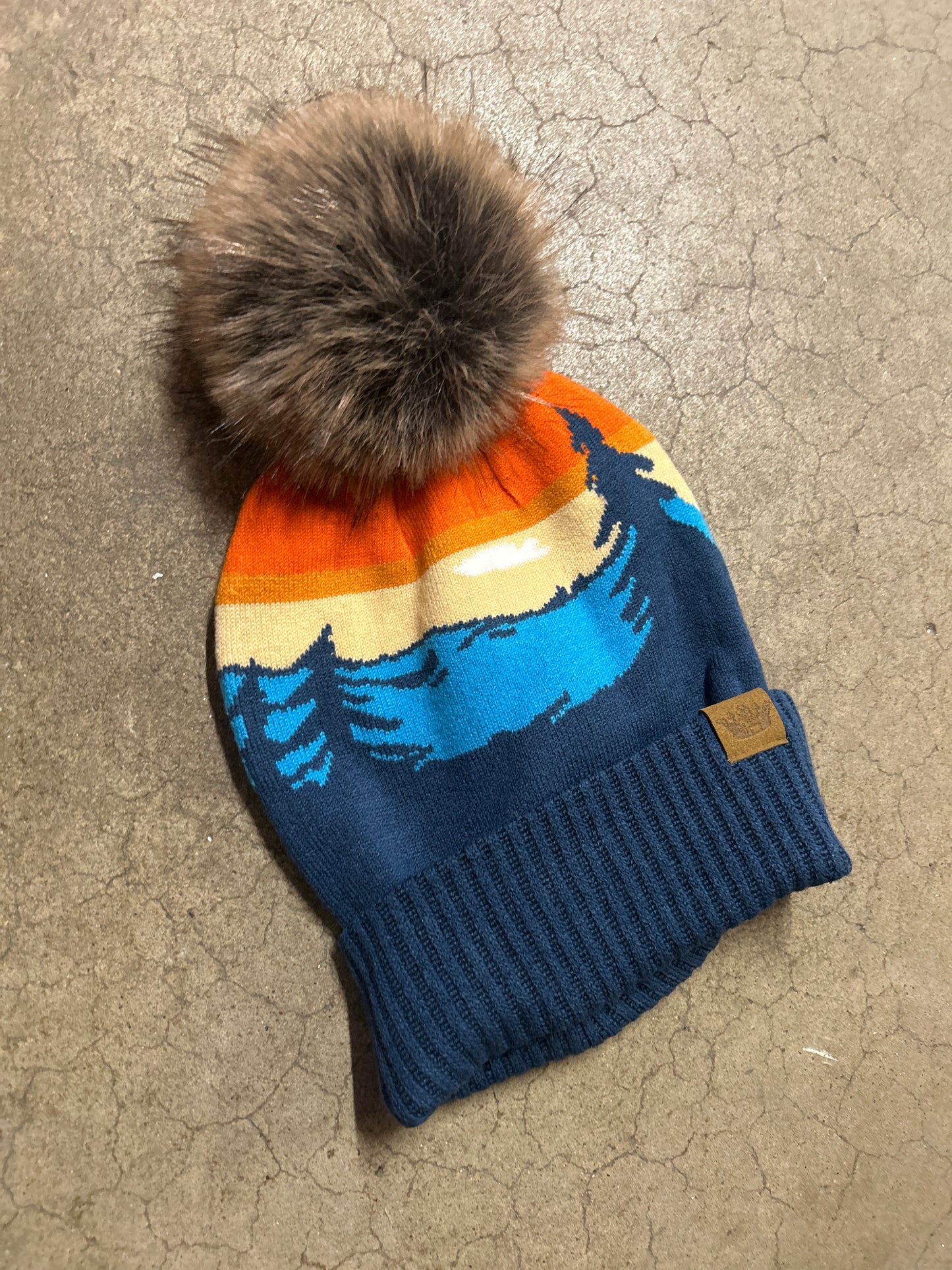 Cream, Mustard and Navy Pattern Pom Hat