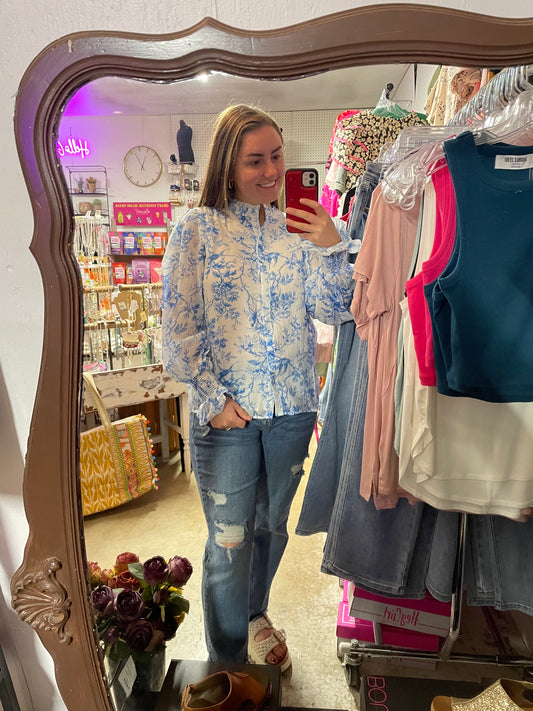 Blue and White Printed Top
