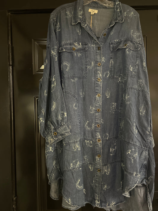 Long Sleeve Western Printed Button Down Dress