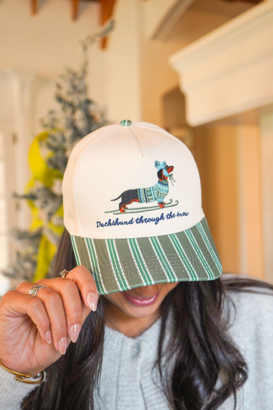 Dachshund Through the Snow - Dark Green Stripe Trucker Hat