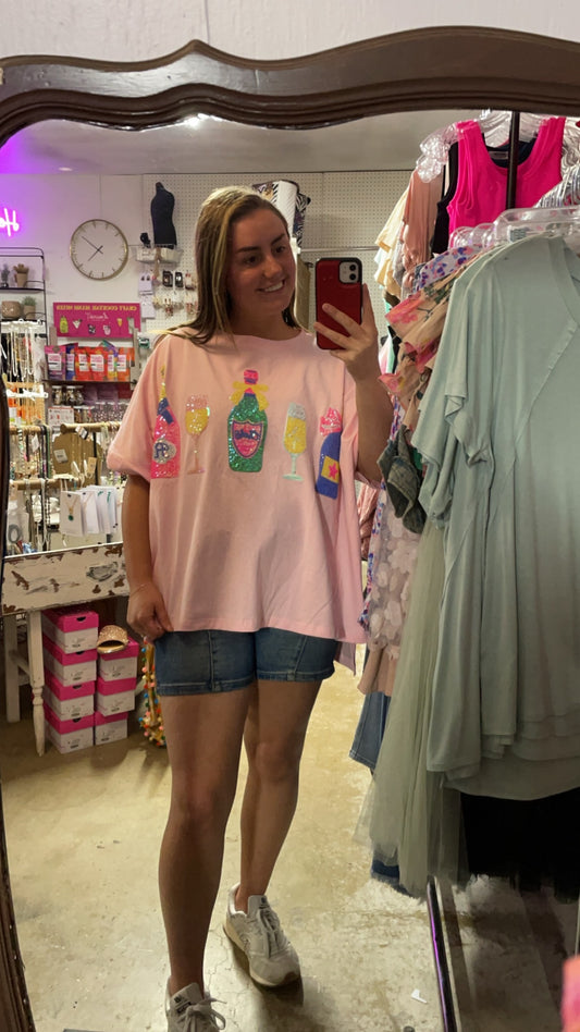 Cotton Loose Fit Short Sleeve Top with Champagne Bottle and Glasses