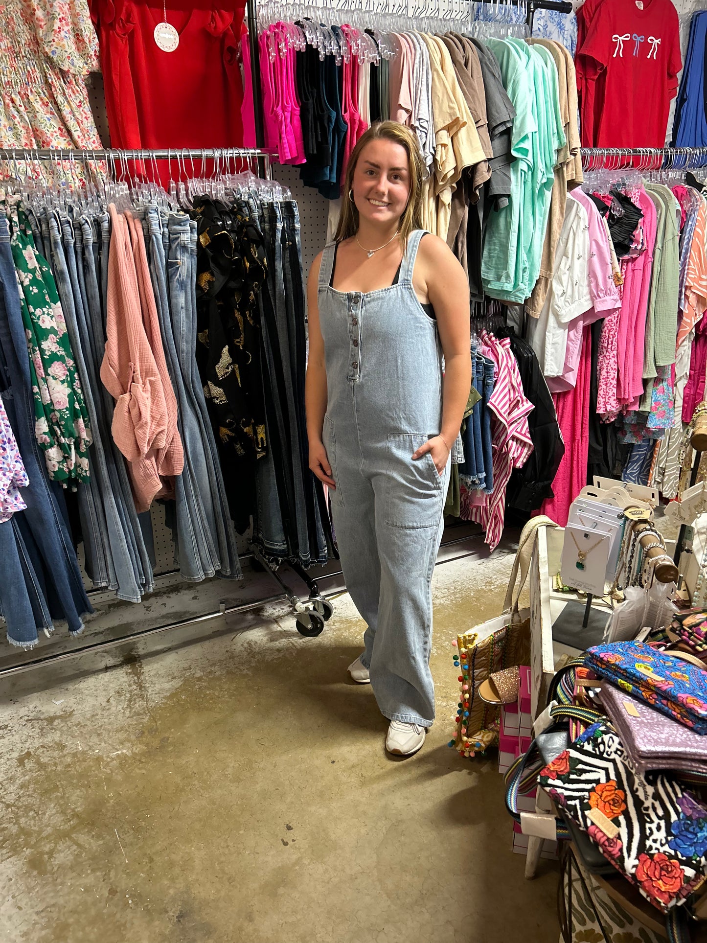 Washed Denim Buttoned Front Overall Jumpsuit with Pockets