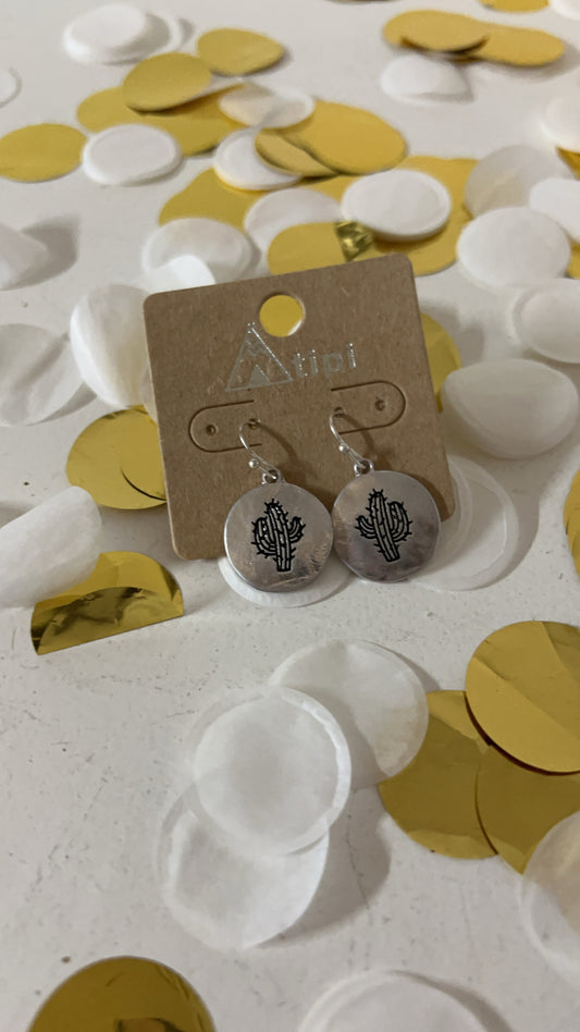 Silver Disk with Cactus Earrings