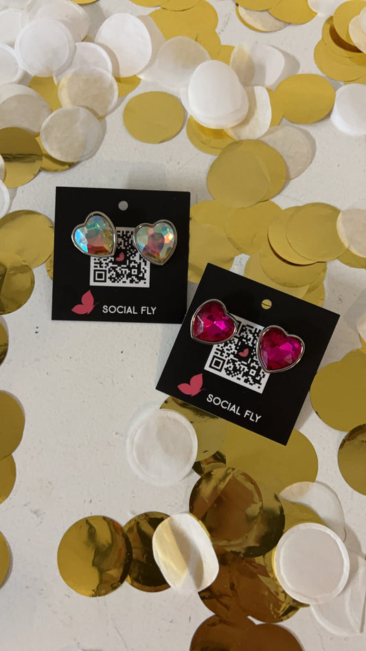 Pink and Clear Studded Heart Earrings