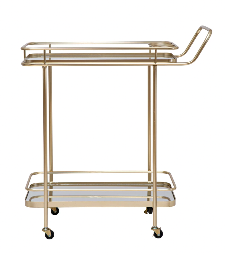 Metal & Glass 2-Tier Mirrored Bar Cart on Casters, Gold Finish