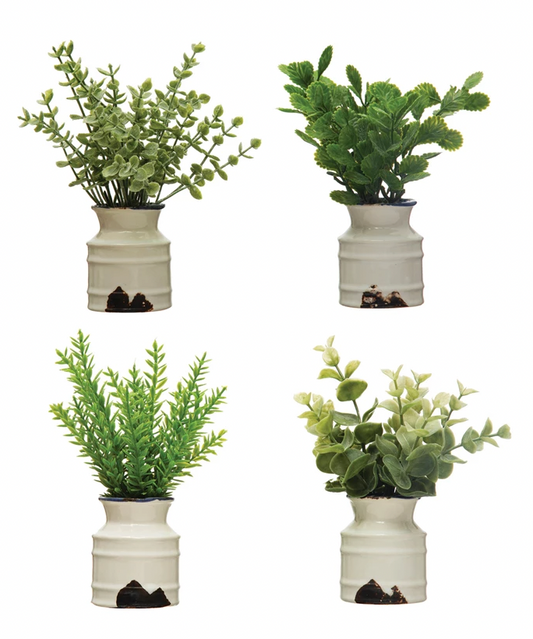 Faux Plant in Stoneware Pot, Distressed White Finish, 4 Styles