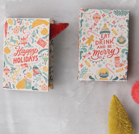 5-1/2"L x 3-3/4"W MDF & Canvas Book Box "Happy Holidays/Eat Drink And Be Merry", 2 Styles