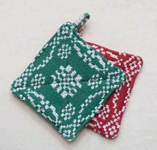 8" Square Woven Cotton Pot Holder with Pattern, 2 Colors