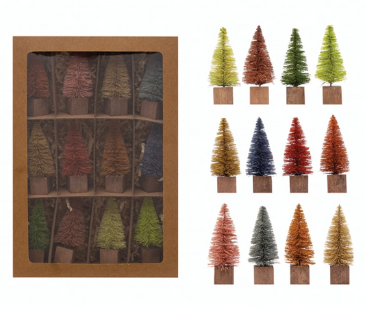 3"H Bottle Brush Trees with Wood Base, Multi Color, Boxed Set of 12