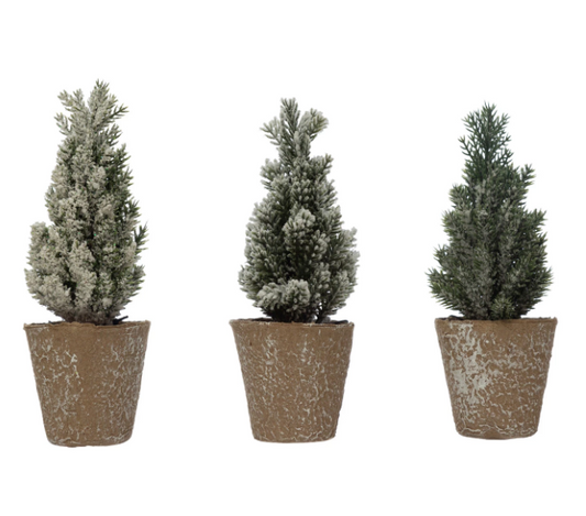 2-3/4" Round x 6-3/4"H Faux Pine Tree in Paper Pot, Ice Finish, 3 Styles