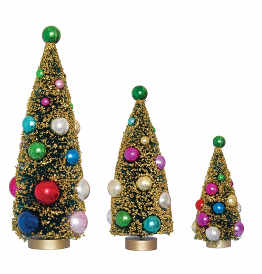 Sisal Bottle Brush Trees w/ Ornaments, Glitter & Wood Bases & Gold Finish